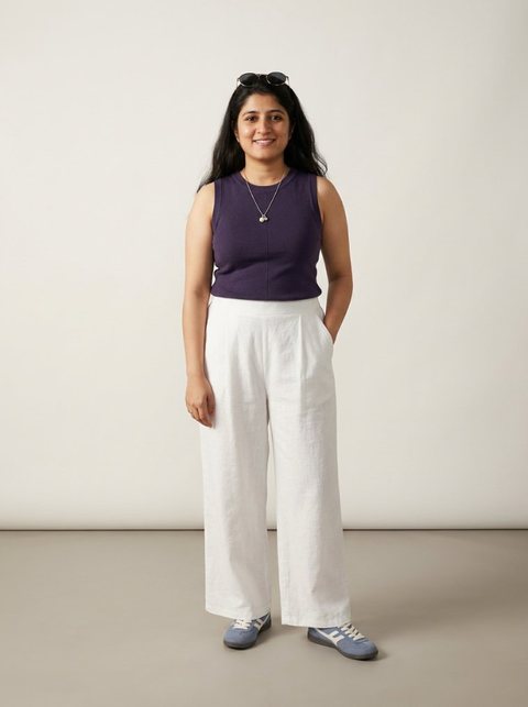An AI-generated look on a plain studio backdrop
