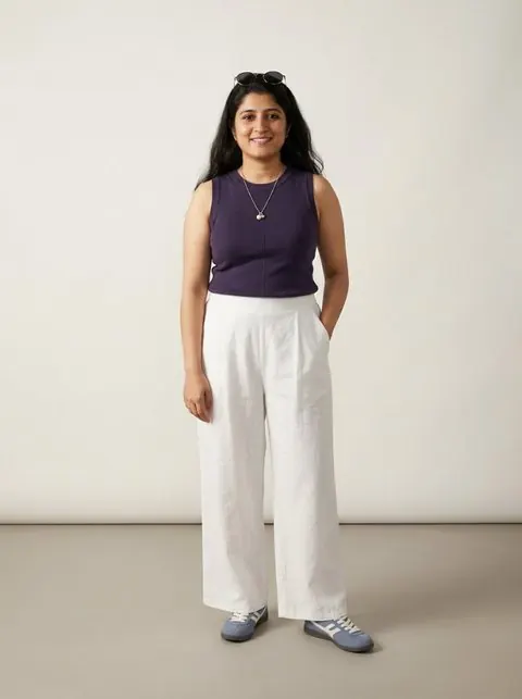 An AI-generated look on a plain studio backdrop